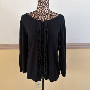 Talbots Womens XL Black Silk Cotton Ruffle Front Polka Dot Trim Cardigan Sweater